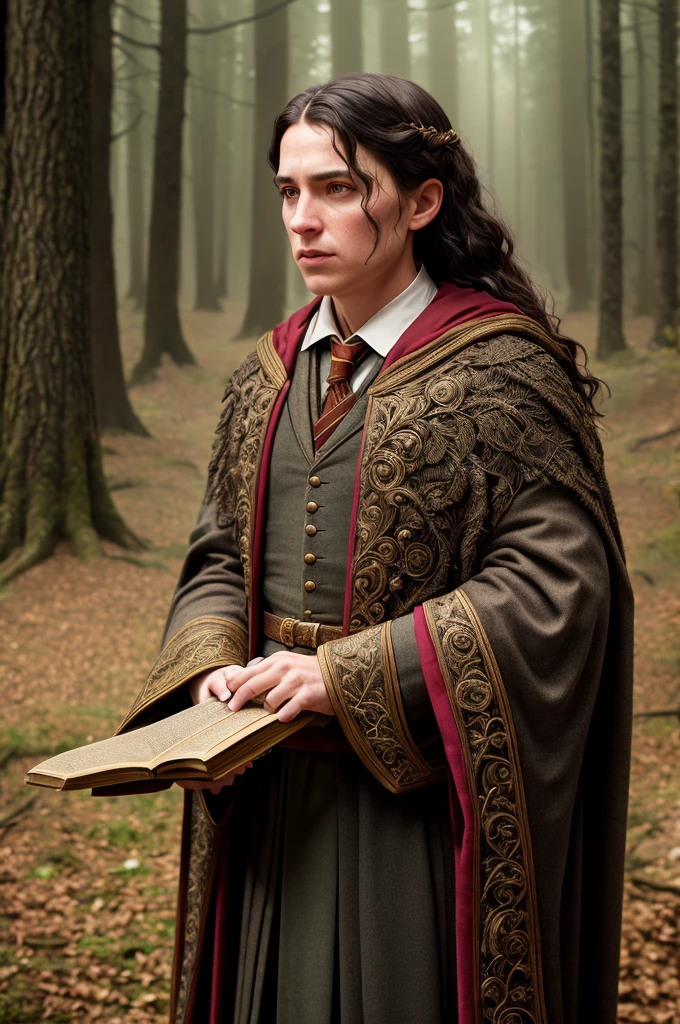 dld_hergra, dressed, Hogwarts ,  Hogwarts, full body, from front, realistic, 3d, solo, dark dense forest, wind, fog, night, natural skin texture, 24mm, soft cinematic light, adobe lightroom, photolab, hdr, intricate, elegant, highly detailed, sharp focus, ((((cinematic look)))), soothing tones, (((insane details, intricate details, hyperdetailed,4k textures))), low contrast, soft cinematic light, dim colors, exposure blend, hdr, faded, (Style-Renaissance:0.4), hogrobe, black robe, red tie, gryffindor,