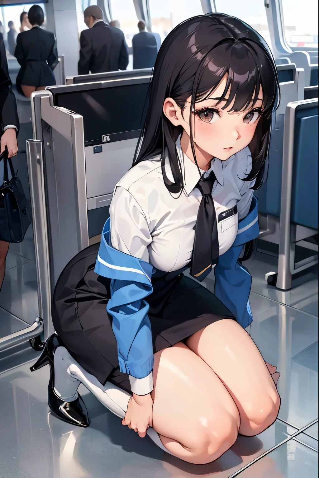 stewardess,Dressed as a flight attendant,Beauty,White skin,20-year-old,Big body type,Short skirt,Face close-up、Adorable expression、Glamour、Beautiful feet、Black Stockings、High heels、airport、Bending down to pick something up、Upper Body