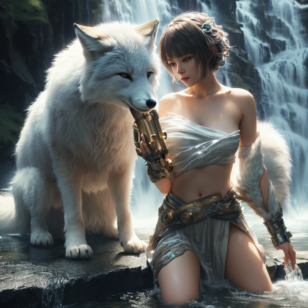 (extremely detailed CG unity 8k wallpaper), (masterpiece), (best quality), (ultra-detailed), (best illustration), (best shadow), (absurdres),  1 girl,1 white fox,waterfall in the background