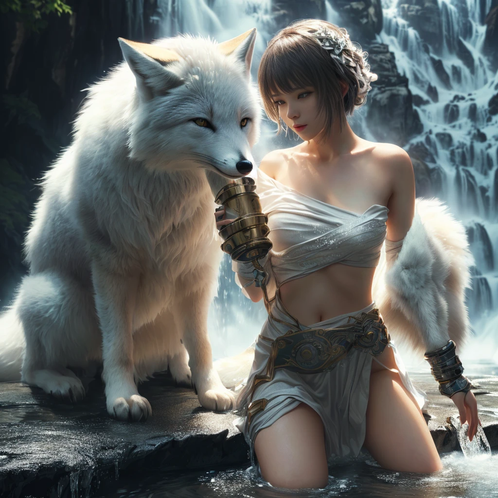 (extremely detailed CG unity 8k wallpaper), (masterpiece), (best quality), (ultra-detailed), (best illustration), (best shadow), (absurdres),  1 girl,1 white fox,waterfall in the background