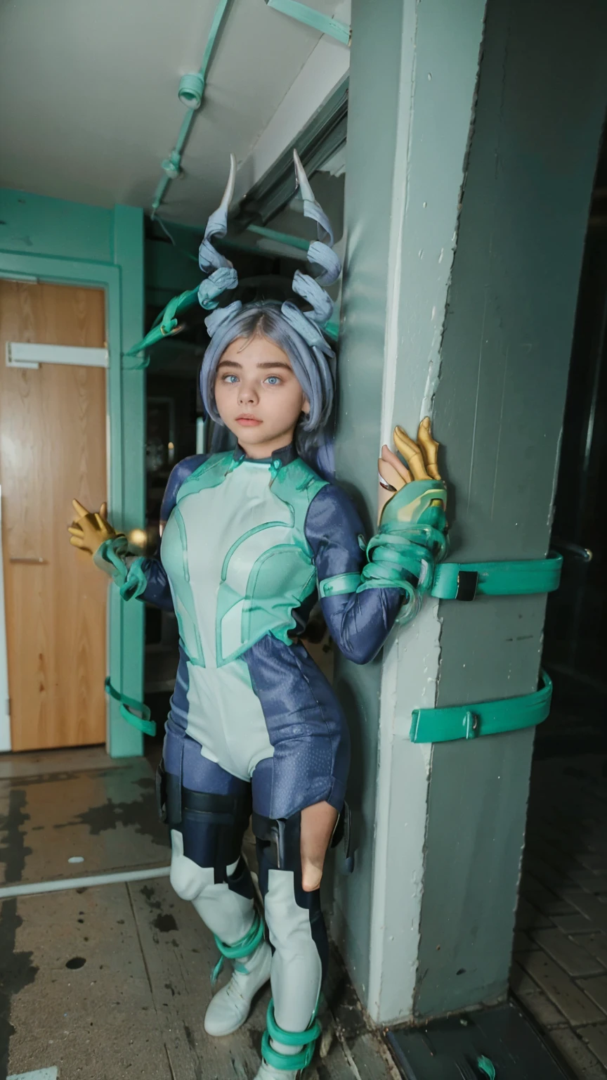 Masterpiece, Best quality, (photorealistic1.4), (UHD), (big breast),  (Chole Grace Moretz), (chl03gm), (flashphoto), (flash photography),  (young woman),  (Tokyo Street), (epiCRealLife:1.0), (daylight), (daytime), (natural light), (Nejire bodysuit), 1girl, solo, long hair, blue eyes, (blue hair), (hair bangs), (drill hair, twin drills), (Nejire Hairstyle), hair horns, very long hair , light blue hair, (Nejire gloves), (cowboy shots), (look at viewers), 