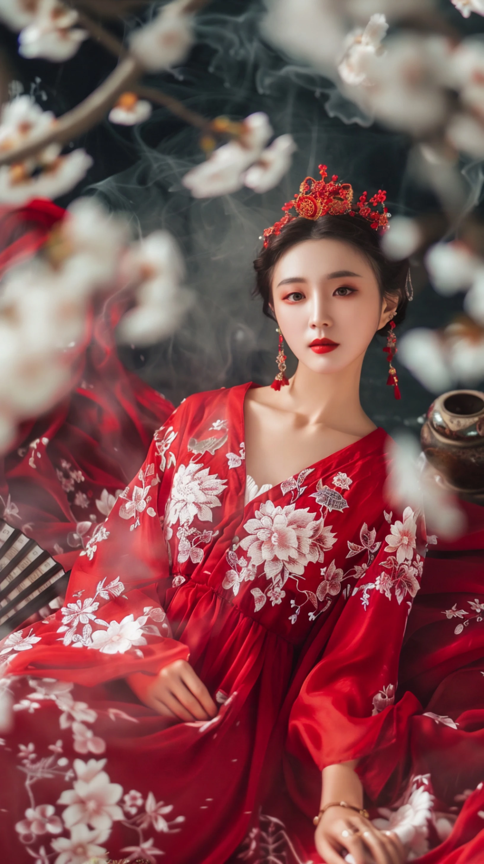 古风美人，红衣飘飘，梅花环绕