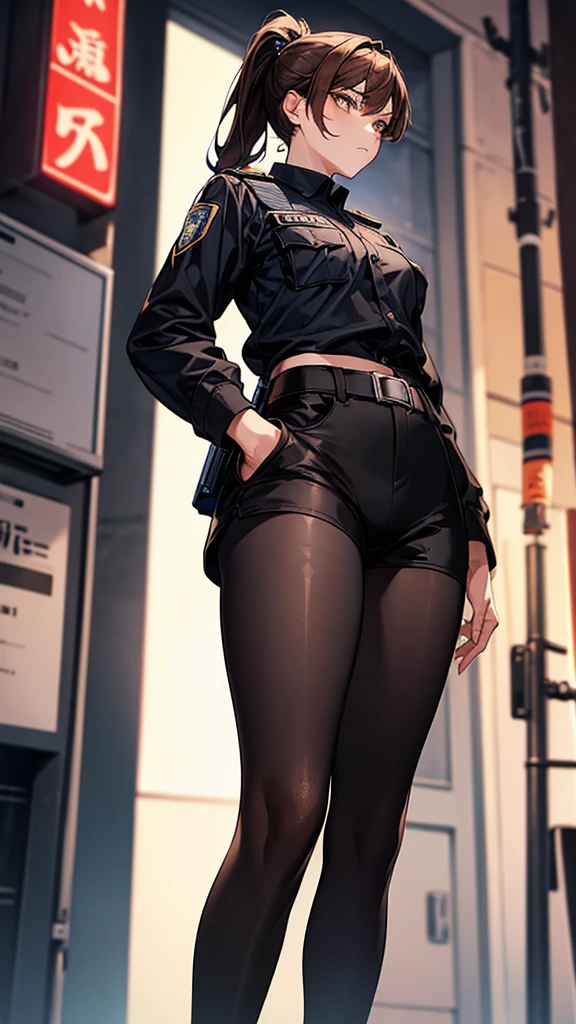 {{masterpiece}}, {{{best quality}}},{{ultra-detailed}}, {{illustration}},{{tall stature}},{{adult women}},((Black tights and shorts)),Small breasts,Slender,{{Hands on hips}},((Leggings with integrated shorts)), Female police officer Cowboy Shot Look Up A strong expression Brown hair ponytail Place your hands on your knees 1 female,alone, Downtown at night long sleeve police uniform Black pantyhose View from below Black Belt