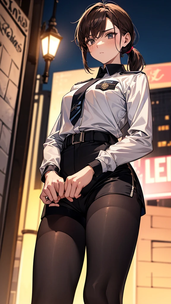 {{masterpiece}}, {{{best quality}}},{{ultra-detailed}}, {{illustration}},{{tall stature}},{{adult women}},((Black tights and shorts)),Small breasts,Slender,{{Hands on hips}},((Leggings with integrated shorts)), Female police officer　Cowboy Shot　Look Up　A strong expression　Brown hair ponytail　Place your hands on your knees　1 female,alone,　Downtown at night　long sleeve police uniform　Black pantyhose　View from below　Black Belt