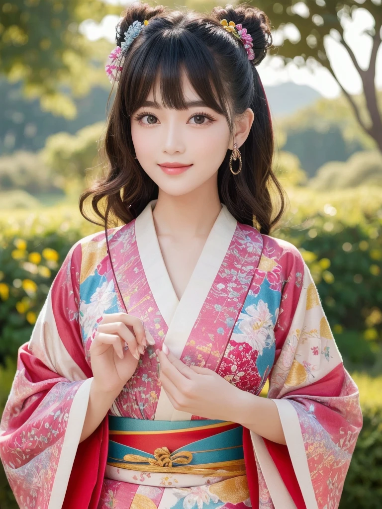 Vibrant kimono-clad beauty poses in front of a serene garden backdrop, with sharp focus on her stunning features. Her porcelain doll-like skin glistens under soft, natural lighting. Intricately detailed eyes sparkle like diamonds, framed by lush lashes and defined eyebrows. Plush lips curve into a subtle smile, as if holding secrets. Rainbow hues dance across the fabric of her kimono, casting a kaleidoscope of colors against the tranquil scene.