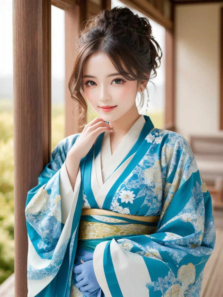 Vibrant kimono-clad beauty poses in front of a serene garden backdrop, with sharp focus on her stunning features. Her porcelain doll-like skin glistens under soft, natural lighting. Intricately detailed eyes sparkle like diamonds, framed by lush lashes and defined eyebrows. Plush lips curve into a subtle smile, as if holding secrets. Rainbow hues dance across the fabric of her kimono, casting a kaleidoscope of colors against the tranquil scene.