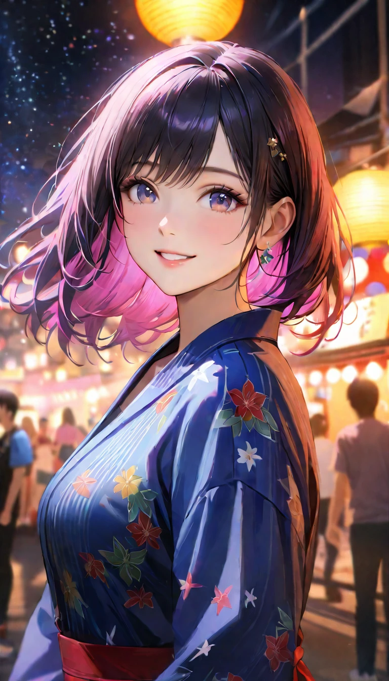 Young woman enjoying the summer festival,night, Starry Sky,Cute Yukata,Gazing at the sky,Blur the background,high school girl,smile,Highest quality, 8k, High resolution, masterpiece:1.2, Very detailed, Realistic:1.37, High resolution, 超High resolution, Ultra-fine painting, Very detailed, Professional, Vibrant colors