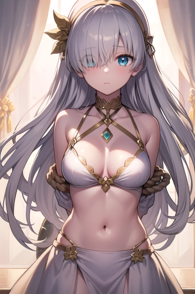 (((Are standing)))),((Tied up with rope)),((Lots of rope)),fgo anastasia,((Wrapped in countless ropes)), ((Both arms are tied behind their backs))blue eyes, Grey Hair, Hair between the eyes, (Hair on one eye:1.5), Long Hair, bangs,Exposed shoulders,Beautiful eyes like jewels,((((((Portrait of a single person)))))),
break , brown hair band, dress, Fur trim, hair band,,, tachi-e, White Bikini, 
break (masterpiece:1.2), Highest quality, High resolution, unity 8k wallpaper, (figure:0.8), (Beautiful attention to detail:1.6), Highly detailed face, Perfect lighting, Highly detailed CG, (Perfect hands, Perfect Anatomy),