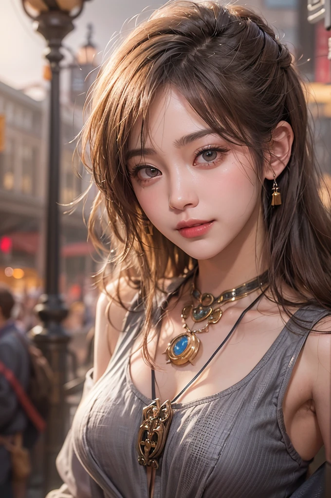 (masterpiece:1.3), (8k, Realistic, RAW Photos, Best image quality: 1.4), Japanese 、26 years old,(Random Hairstyles:1.2)、Cleavage:1.2、Highly detailed face、Attention to detail、double eyelid、Chest to chest、Sharp focus:1.2、Beautiful woman:1.4、Light brown hair、Highest quality、masterpiece、Ultra-high resolution、(Realistic:1.4)、Highly detailed and professionally lit smiles、Loose fitting steampunk outfit、Shoulder out、thin、Serious expression、Holding a gorgeous necklace in her right hand, In the city、Eat dinner