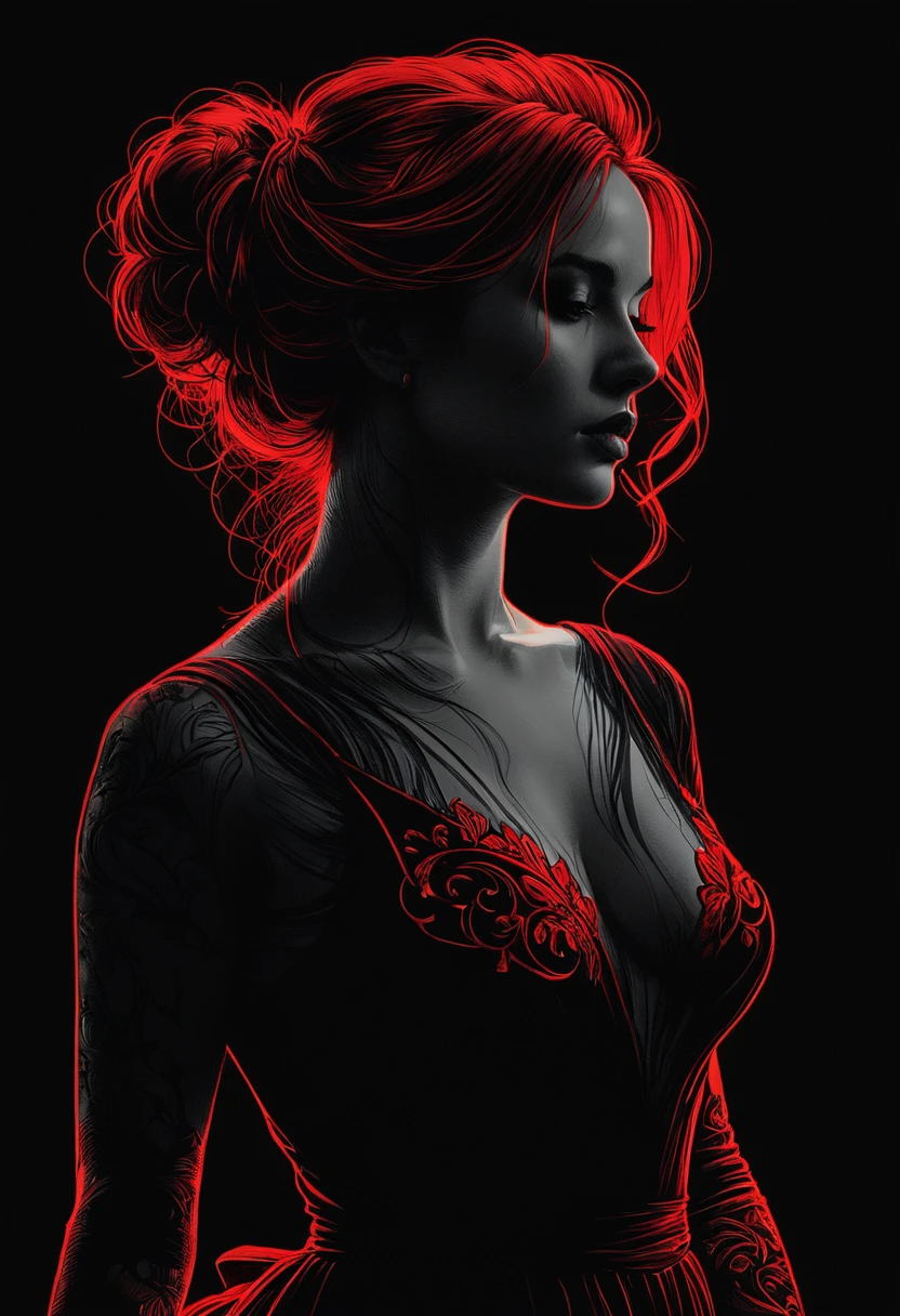 Poster, close-up, Full body, Shadow art, red outline drawing on a dark black background, Red outline silhouette, flowing hair, silhouette of a beautiful young woman, perfect physique, slender graceful forms, charming modesty, perfection in a tight black silk dress, resolution 8k, Side view, Shadows, Mysterious, style of Jean Baptiste Monge, Thomas Kinkade, David Palumbo, Carne Griffiths.