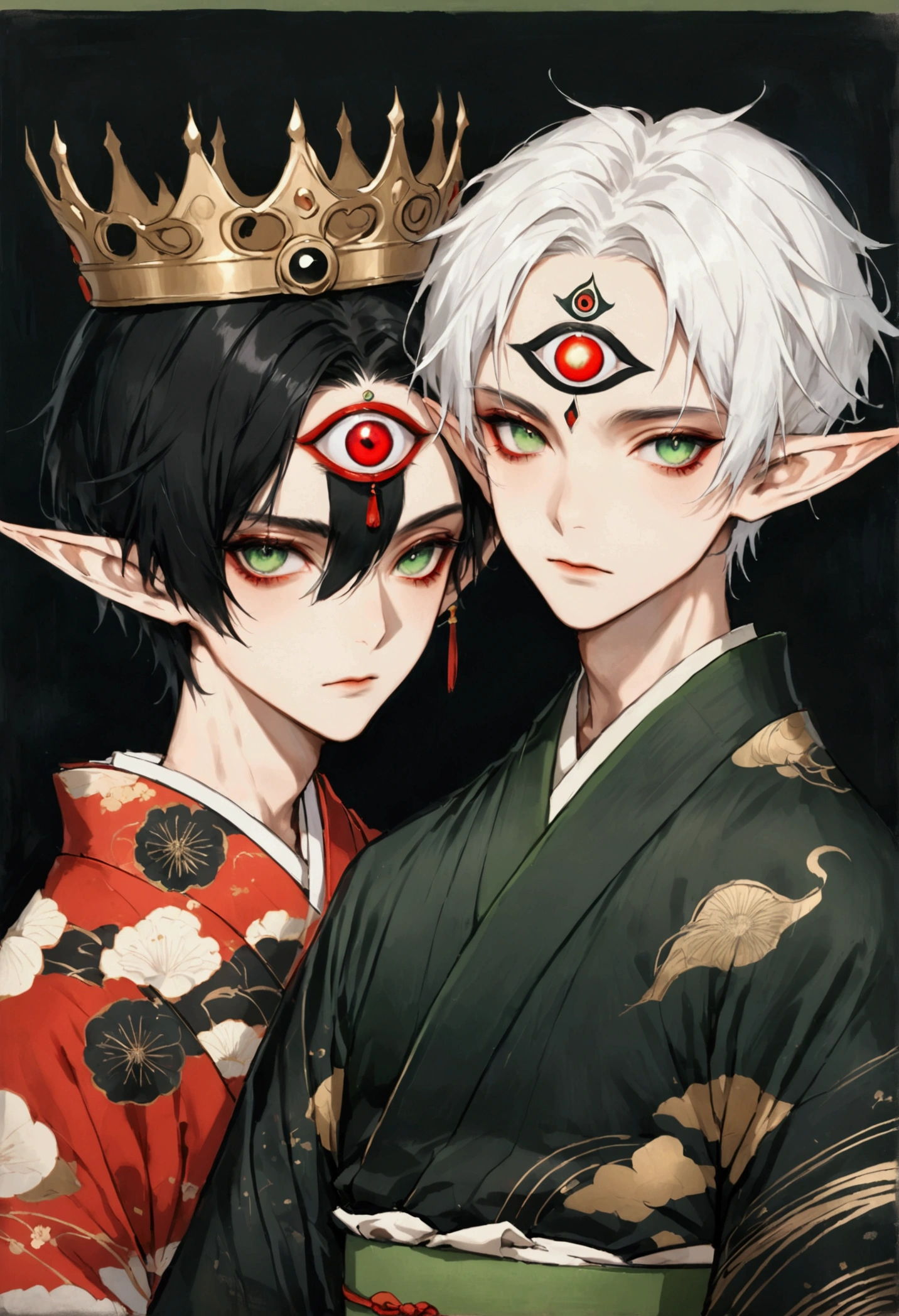 (((1Boy wearing a crown,独奏,third eye on the forehead,Dark eyeshadow.Middle-parted white hair-super short hair,Elf ears))),(((Gorgeous Japanese kimono:1.6,Eye Diagram,Dark Pattern))).(((Thin waist,Greenbelt:1.37))),cool