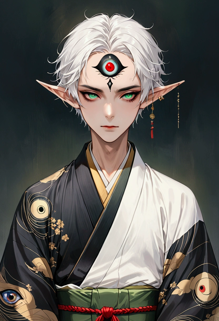 (((1Boy wearing a crown,独奏,third eye on the forehead,Dark eyeshadow.Middle-parted white hair-super short hair,Elf ears))),(((Gorgeous Japanese kimono:1.6,Eye Diagram,Dark Pattern))).(((Thin waist,Greenbelt:1.37))),cool