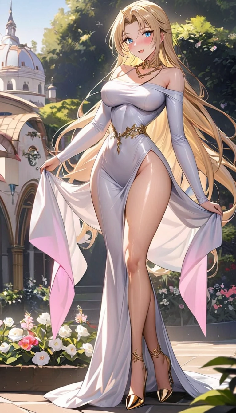 An extremely beautiful, Breathtaking Frau mit einem perfekten vollbusigen Körper, golden blonde long silky hair, big blue eyes, extrem superHelle schneeweiße, Helle, Breathtaking, flawless, Luminous, lush shiny, flawless weiße Haut, a perfect, toned hourglass figure, and a narrow waist, sexy thick smooth luscious legs, and thighs, extremely sweet smile on the face, bright pink blush on the cheeks, wears a tight, knee-length, white floral dress, Pink off-shoulder sweater, yellow heels, gold necklace on the neck, Gold anklets, Gold chain at the waist, stand upright, hold a chocolate bar, Garden in the background, show the whole body from head to toe.
