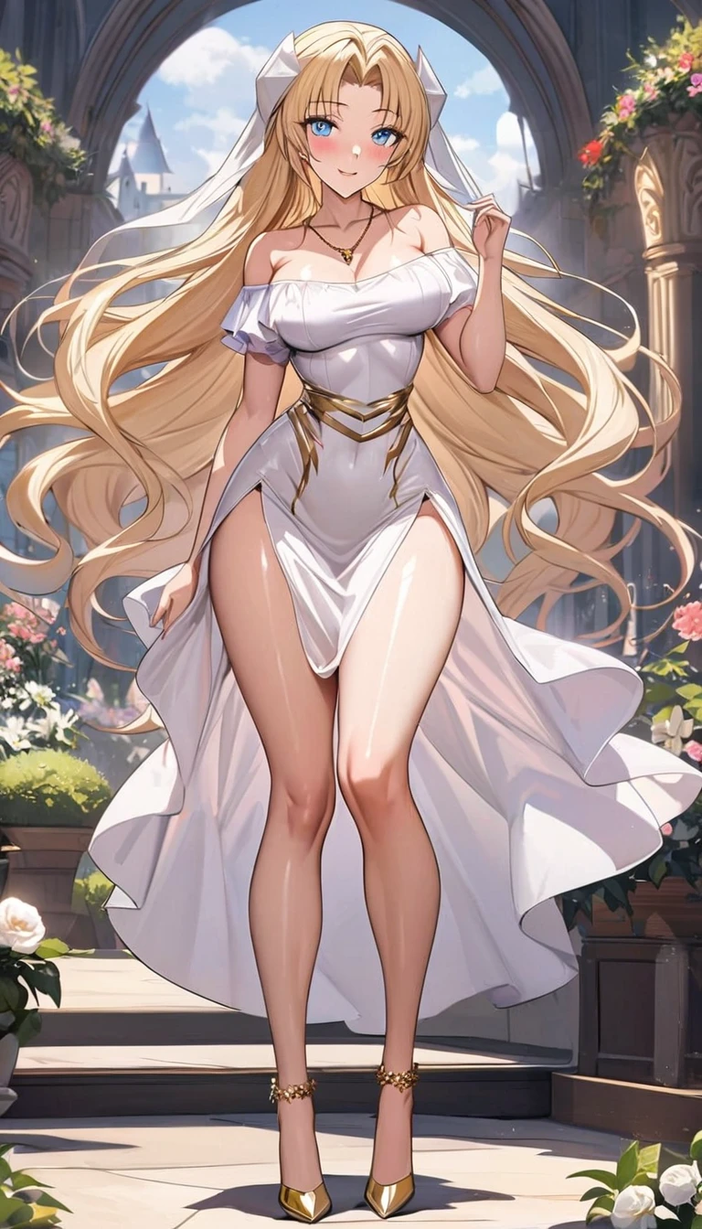An extremely beautiful, Breathtaking Frau mit einem perfekten vollbusigen Körper, golden blonde long silky hair, big blue eyes, extrem superHelle schneeweiße, Helle, Breathtaking, flawless, Luminous, lush shiny, flawless weiße Haut, a perfect, toned hourglass figure, and a narrow waist, sexy thick smooth luscious legs, and thighs, extremely sweet smile on the face, bright pink blush on the cheeks, wears a tight, knee-length, white floral dress, Pink off-shoulder sweater, yellow heels, gold necklace on the neck, Gold anklets, Gold chain at the waist, stand upright, hold a chocolate bar, Garden in the background, show the whole body from head to toe.