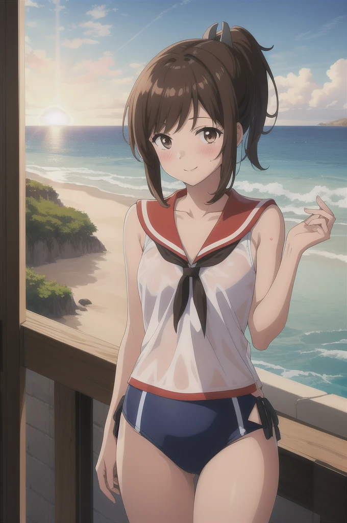 ((masterpiece)),(Highest quality),Official Art,Extremely detailed CG,unity 8k wallpaper,Very detailed,Lighthouse on top of a cliff by the sea,One Girl,一人in,Cowboy Shot,brown_hair,Dark Skin,Sunburn,School_Swimwear,brown_eye,smile,one piece_Swimwear,Swimwear_Down_Clothes,Sailor_collar,short_hair,Looking_in_audience,blush,School_uniform,short_ponytail,