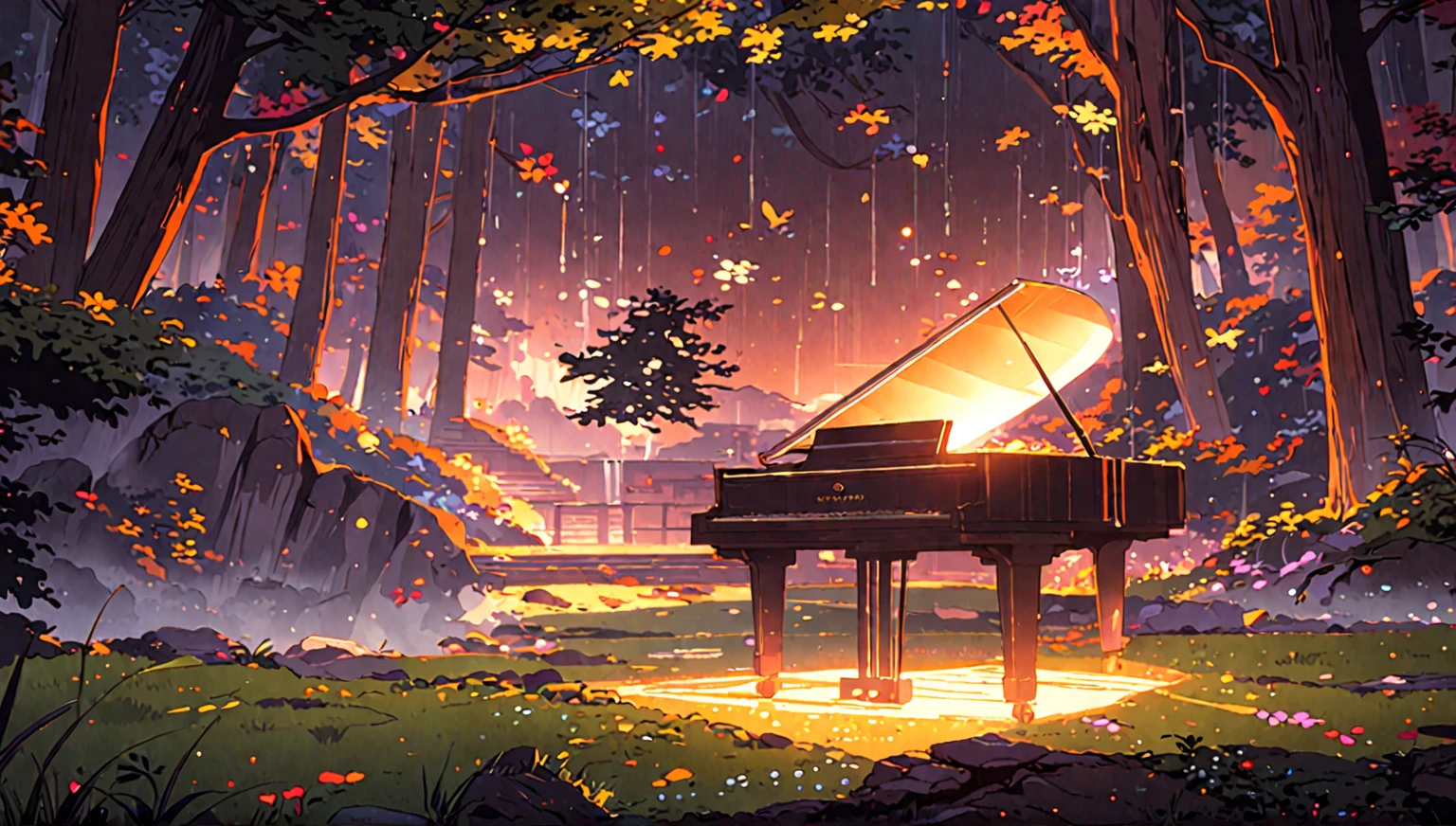 There's a piano in the middle of the forest, Beautiful peaceful scene in anime, Anime Background Art, Atei Gailan Style, Anime Art Wallpapers 8K, Anime Rush John 8k Woods, Beautiful anime scene, arte koto no ha no niwa, Atei Gailan 8K, anime nature wallpapers, Colorful anime movie background