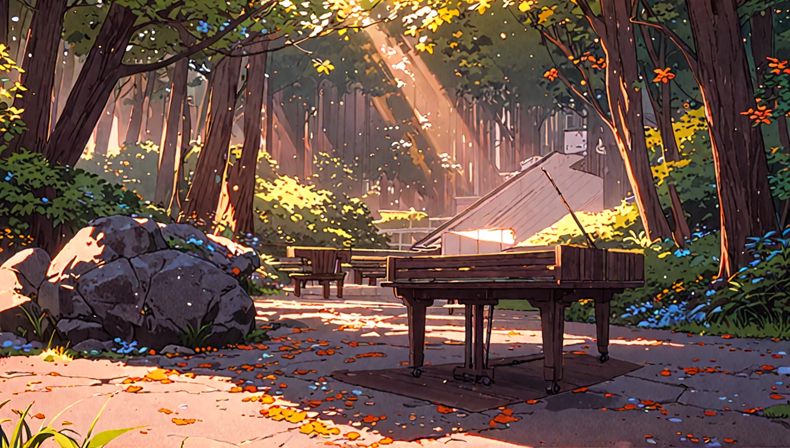 There's a piano in the middle of the forest, Beautiful peaceful scene in anime, Anime Background Art, Atei Gailan Style, Anime Art Wallpapers 8K, Anime Rush John 8k Woods, Beautiful anime scene, arte koto no ha no niwa, Atei Gailan 8K, anime nature wallpapers, Colorful anime movie background