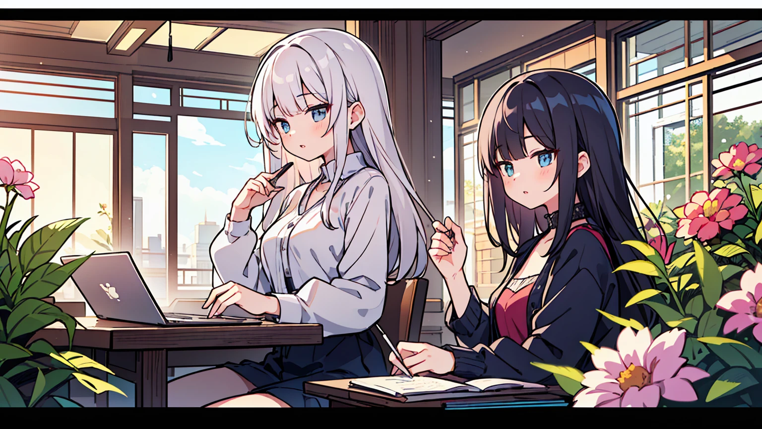 (masterpiece, best quality),Two women with different faces and hairstyles, different hair colors, different faces, long hair, letterboxed, perfection of fashion,chapped lips, casual attire, whole body, from the side, Rooftop terrace with a view of the flower garden, study at the table, My eyes are focused on the notes,laptop, together, stylish outfit,
