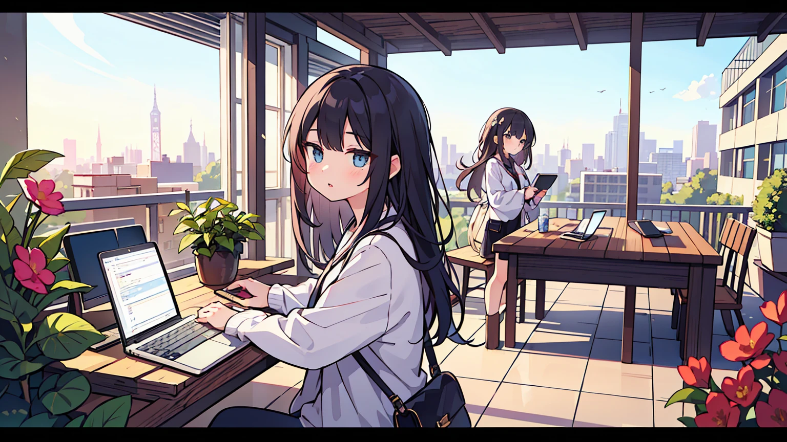 (masterpiece, best quality),Two women with different faces and hairstyles, different hair colors, different faces, long hair, letterboxed, perfection of fashion,chapped lips, casual attire, whole body, from the side, Rooftop terrace with a view of the flower garden, study at the table, My eyes are focused on the notes,laptop, together, stylish outfit,