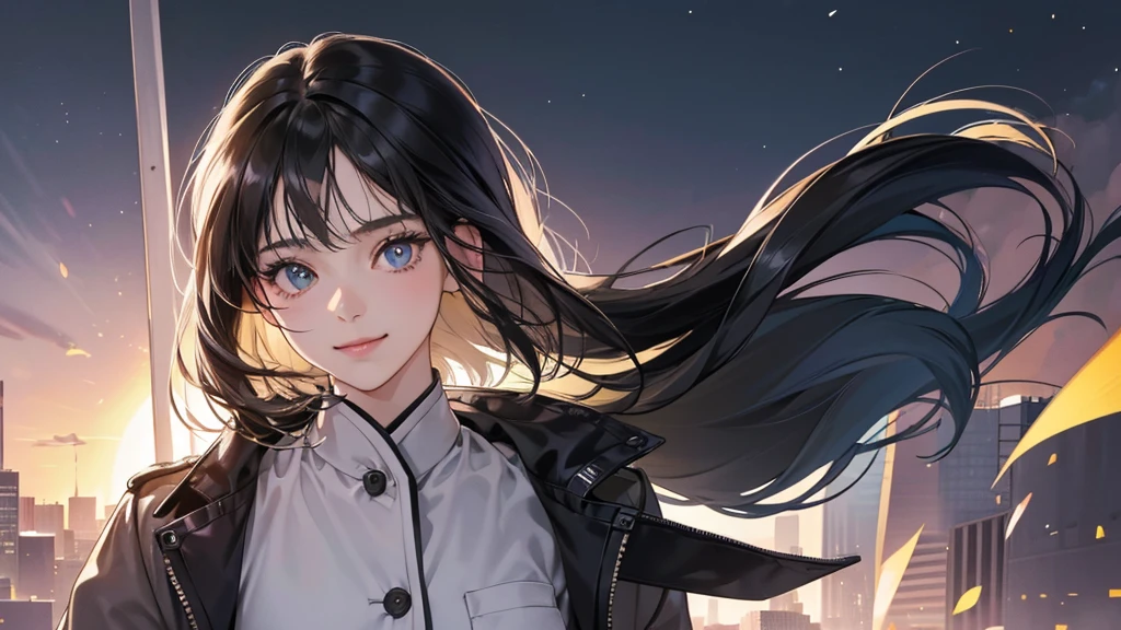 (perfect anatomy:1.2)(absurdres, highres, ultra detailed),masterpiece,best quality,high resolution,8k,Realistic face,Realistic skin texture,magnified textures, stunning clarity,detailed anime girl,(ultra detailed eyes and face),(1 girl:1.7)21years old,she is office worker,,smile:1.2,black hair, bob cut,natural make,grey jacket and pants,black brouse,,sparkling eyes.small nose,roundface、just left the office when it was time to leave,night, bussines district,she is walking,happy,she just leave her company,upper body