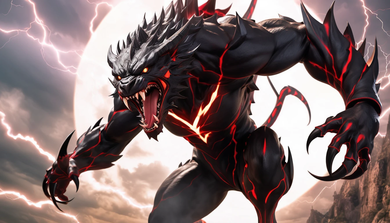 Realistic photos, RAW Photos, daemon, attacks viewer, Powerful movements, jump on prey, ((Dynamic jump)), Sharp Claws, daemon approaching from above, sudden approach, Bad-tempered, dynamic Shot from grand, lightning magic