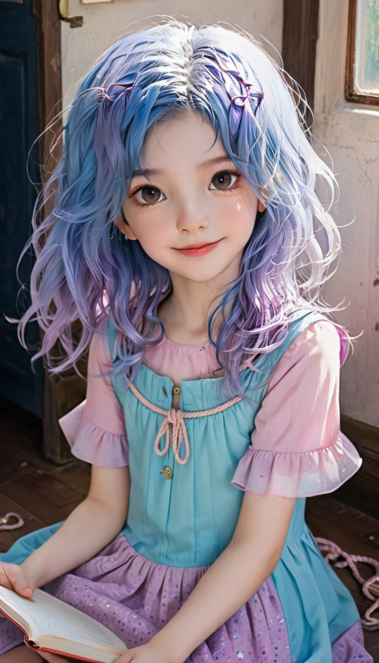 's book characters, A happy seven yeired girl, (Blue Hair), Wearing a pink and lavender dress,A rope hangs around his neck,There is a key on it, She sat on the floor,A book on my lap