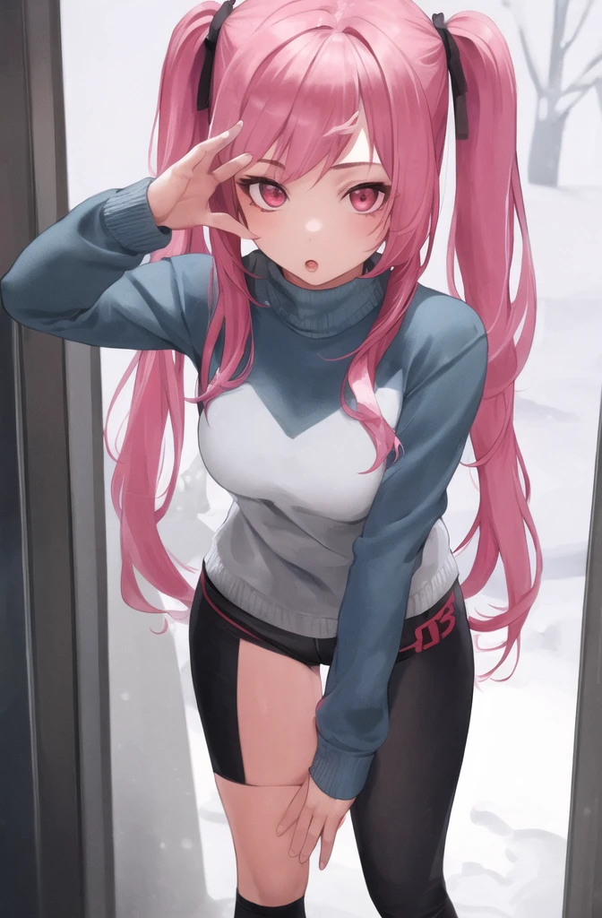 ((masterpiece)), (best quality), (detailed), 1girl,
looking at viewer,  (lipstick:0.75), leaning forward,
long pink hair, twintails,
colorful thighighs,
winter, vivid colors,
 
