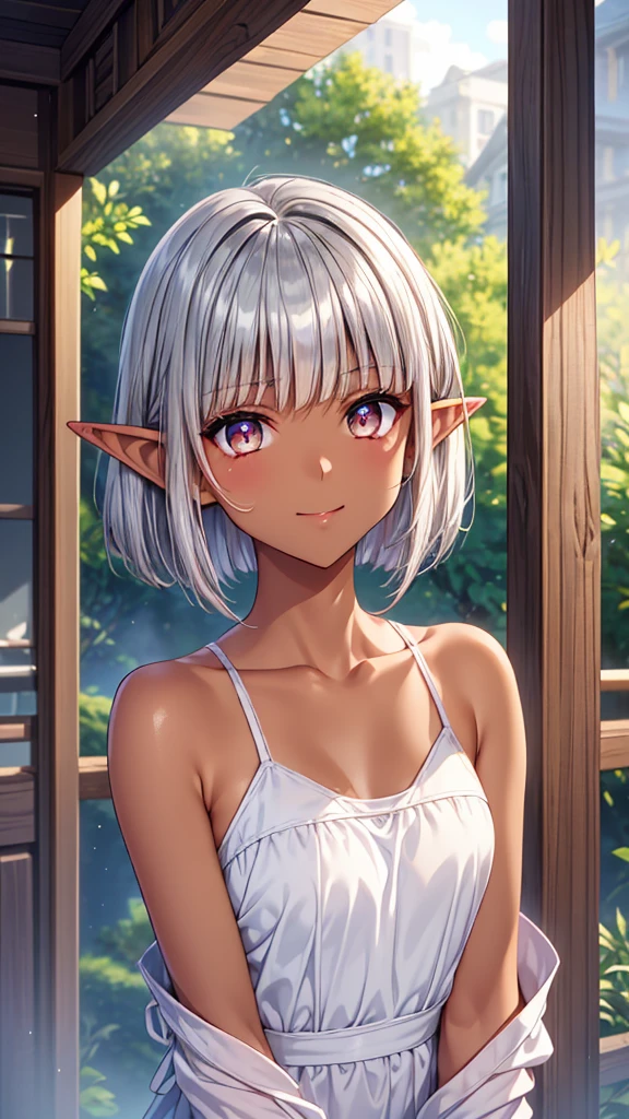 Take a bath in the open-air bath、bedrock、((White tube tops)、night、Starry Sky、A lot of steam、Masterpiece、High resolution、high quality、32K、(Dark Elf r Female、Pointed Ears、((Beautiful silver hair))、Bobcut、Short Hair、((Tanned dark skin))、Golden Eyes、Shining Eyes)、Smiling Kindly、Place your hand on your chest、(Focus on the upper body)