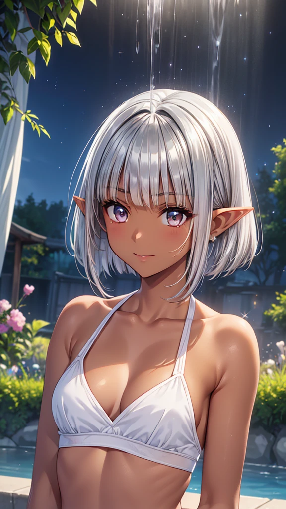 Take a bath in the open-air bath、bedrock、((White tube tops)、night、Starry Sky、A lot of steam、Masterpiece、High resolution、high quality、32K、(Dark Elf Teenager Female、Pointed Ears、((Beautiful silver hair))、Bobcut、Short Hair、((Tanned dark skin))、Golden Eyes、Shining Eyes)、Smiling Kindly、Place your hand on your chest、(Focus on the upper body)