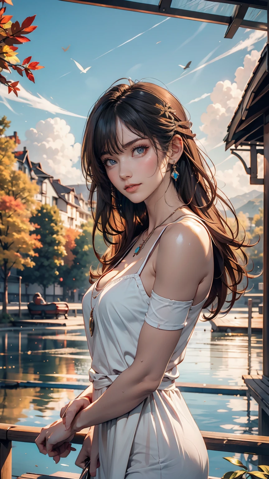 1 girl, Calm expression, Captivating eyes, Straight Long Hair, loose fitting dress, Calm posture, Porcelain-like skin, A faint blush, Crystal Pendant BREAK Golden Hour, (Rim Light):1.2, Warm tones, Solar flare, Soft Shadows, Vibrant colors, Painterly effect, Dream-like atmosphere BREAK Beautiful lake, Distant Mountain々, Willow Tree, Calm water, reflection, Sunlit clouds, Peaceful atmosphere, Beautiful sunset, Super detailed, Official Art, unity 8k wallpaper , Tangled, Mandala