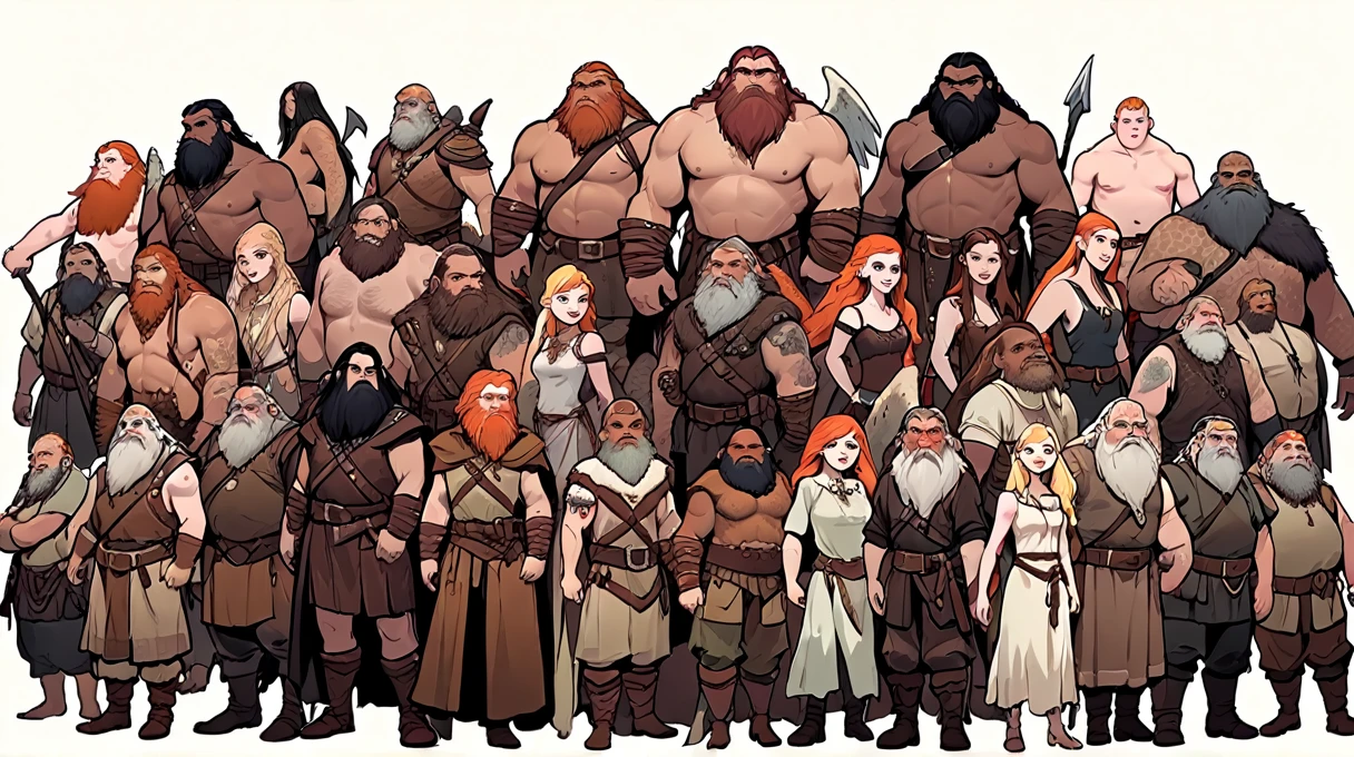Now I want an image that combines the races I requested previously into one image with several characters of different races, dwarves, Giants, humans, elves, newts, pale skin, man-photo, neandertais, angels and black angels. several side by side, in different positions, in different positions and with different clothes, a black, one white, a redhead and a tall