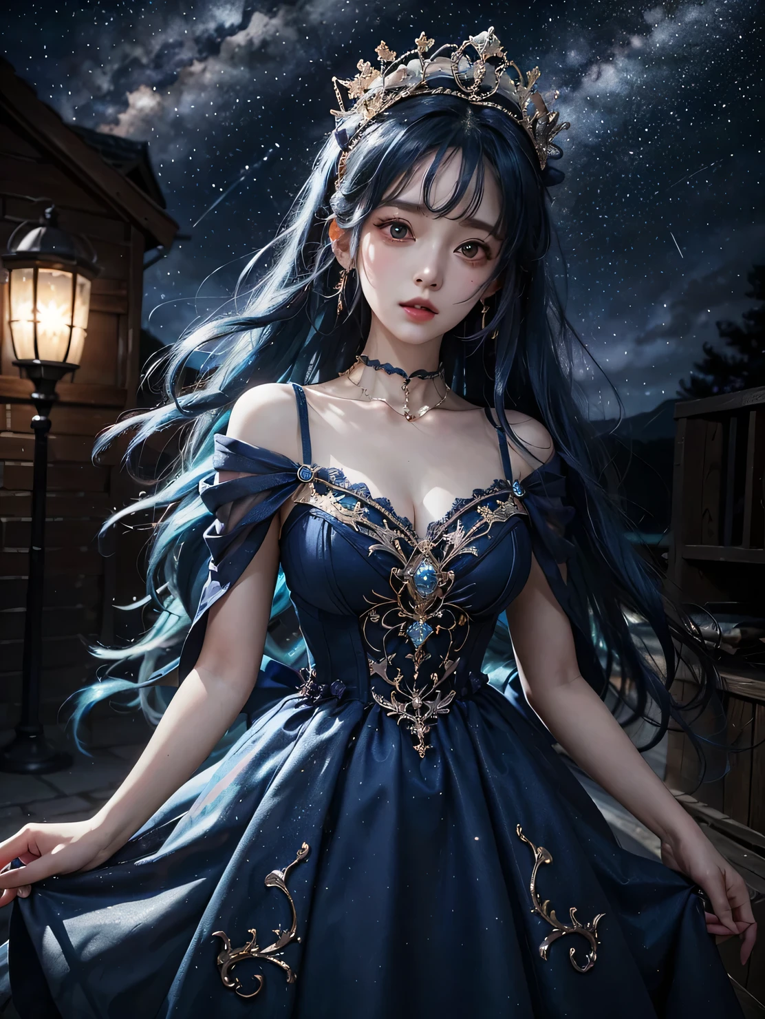 Ultra HD、A beautiful blue-haired character、Photo from chest up、Big eyes like a 、Red burning cheeks、Night scene with starry sky background、Wearing a gorgeous dress、Subtle details、A fantastic atmosphere、Anime style