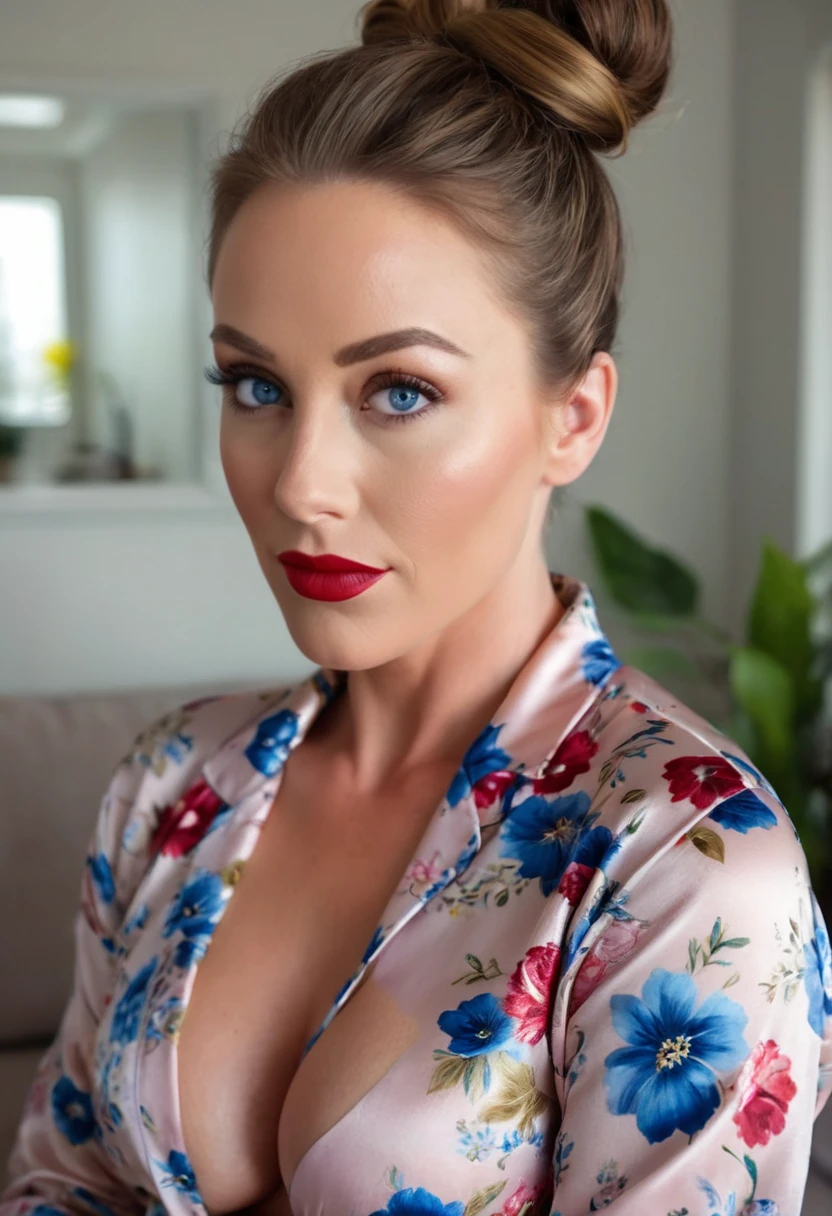 beautiful woman of 45 years old with blue eyes, brown hair, hair in bun with tendrils, looking directly at the camera, very realistic, , closeup face, at home, silk floral pyjamas, clothes tight against body, clothes too tight, film grain, fit muscular body, big breasts, focus on face, clothes too tight, seductive, lipstick, full body shot