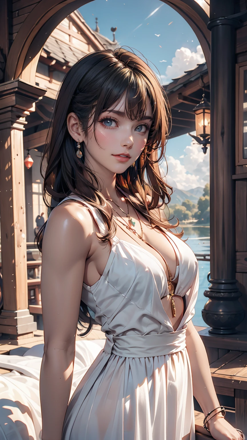 1 girl, Calm expression, Captivating eyes, Straight Long Hair, loose fitting dress, Calm posture, Porcelain-like skin, A faint blush, Crystal Pendant BREAK Golden Hour, (Rim Light):1.2, Warm tones, Solar flare, Soft Shadows, Vibrant colors, Painterly effect, Dream-like atmosphere BREAK Beautiful lake, Distant Mountain々, Willow Tree, Calm water, reflection, Sunlit clouds, Peaceful atmosphere, Beautiful sunset, Super detailed, Official Art, unity 8k wallpaper , Tangled, Mandala
