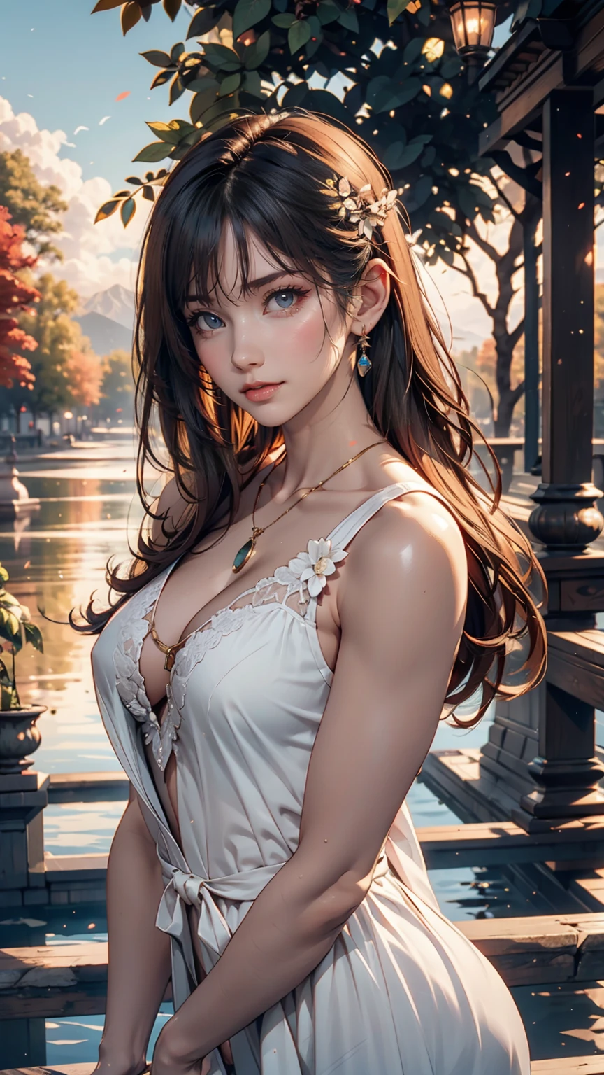 1 girl, Calm expression, Captivating eyes, Straight Long Hair, loose fitting dress, Calm posture, Porcelain-like skin, A faint blush, Crystal Pendant BREAK Golden Hour, (Rim Light):1.2, Warm tones, Solar flare, Soft Shadows, Vibrant colors, Painterly effect, Dream-like atmosphere BREAK Beautiful lake, Distant Mountain々, Willow Tree, Calm water, reflection, Sunlit clouds, Peaceful atmosphere, Beautiful sunset, Super detailed, Official Art, unity 8k wallpaper , Tangled, Mandala