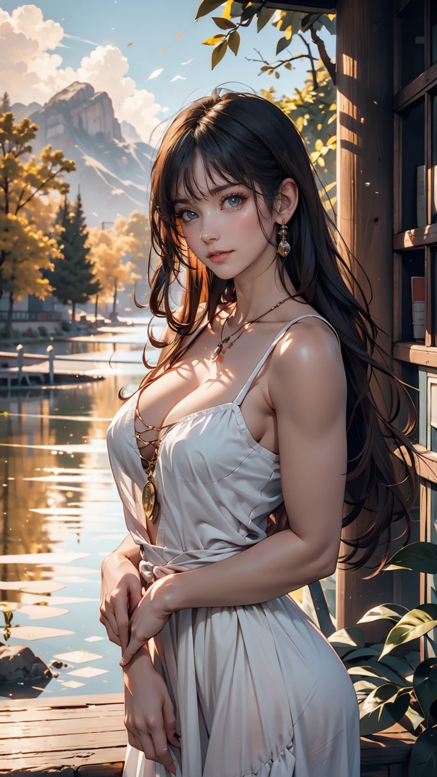 1 girl, Calm expression, Captivating eyes, Straight Long Hair, loose fitting dress, Calm posture, Porcelain-like skin, A faint blush, Crystal Pendant BREAK Golden Hour, (Rim Light):1.2, Warm tones, Solar flare, Soft Shadows, Vibrant colors, Painterly effect, Dream-like atmosphere BREAK Beautiful lake, Distant Mountain々, Willow Tree, Calm water, reflection, Sunlit clouds, Peaceful atmosphere, Beautiful sunset, Super detailed, Official Art, unity 8k wallpaper , Tangled, Mandala