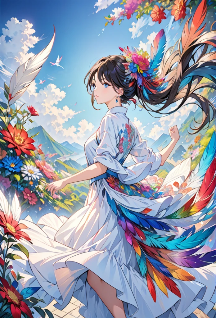 (masterpiece, Top quality, best quality, Official Art, beautiful and aesthetic:1.2), (1 Girl:1.3), Very detailed,(Fractal Art:1.1),(rich and colorful:1.1)(Flowers:1.3),The most detailed,(Zentangle:1.2), (Dynamic poses), (Blue Background:1.3), (Many colors:1.4), ,(earrings), (feather:1.5),

