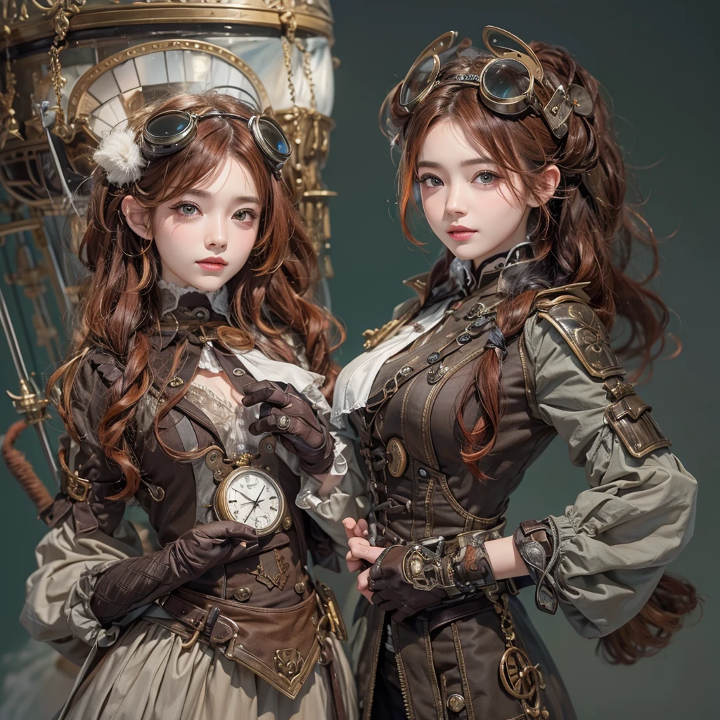 masterpiece:1.3), (8k, Realistic, RAW Photos, Best imYear quality: 1.4)、 Year,(Random Hairstyles:1.2)、CleavYear:1.2、Highly detailed face、Attention to detail、double eyelid、Chest to chest、Sharp focus:1.2、Beautiful woman:1.4、Redhead、Highest quality、masterpiece、Ultra-high resolution、(Realistic:1.4)、Highly detailed and professionally lit smiles、Loose fitting steampunk outfit、Shoulder out、thin、Serious expression、Clouds seen from inside the airship、goggles