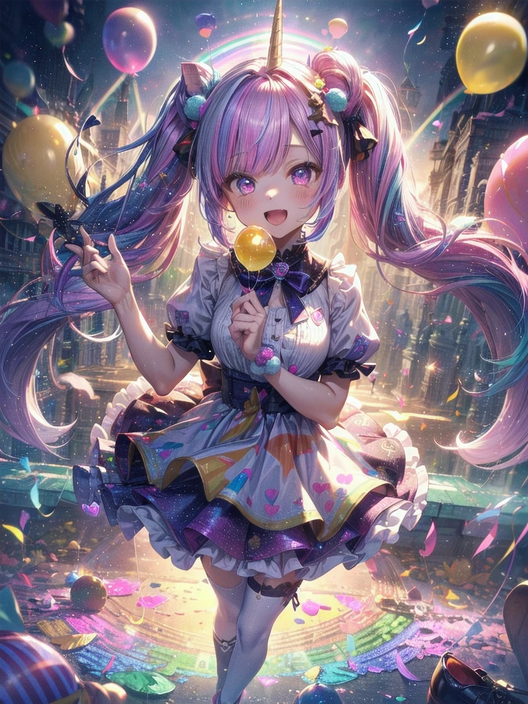 (whole body, legs and shoes visible: 1.2)) Expressive eyes, One girl, Pale skin, Long Hair, Windblown Hair, ((absurdly Long Hair)), Long Side Lock, Princess bangs, Hair bangs, Hair Bun, ((Very long twin tails)), Rainbow Hair, Light pink hair, blush, full face blush, big sparkling Pastel Purple eyes, (Gradient Eye), Laughing with your mouth open, cute pose, ((Holding a balloon : 1.3)) ((cute and pastel fashion)) ((🦄🎠🎈🎉 theme : 1.4)) A loose pastel dress, ((Dreamy multi-colored open dress)), (Floating ribbon), Lavender Frill, Pink frills, (Light blue lace), Removable short sleeves, Fluffy skirt, ((Rainbow and star printed skirt : 1.3)), Lolita Skirt, Purple ribbon, ((pom pom ribbon hair ornament : 1.4)), Multiple Bows, Striped lace stockings, (heart型のレッグガーター), cute (Pastel Purple) shoes ((Ultra-detailed clothing and fashion)) I'm watching you, Vintage Girl, blush, (Beautiful attention to detail), (Highly detailed CG Unity 8k wallpaper) (Best Shadow), ((Very delicate and beautiful)), (Detailed light), ((Depth of written boundary)) Big Head, Big, bright eyes, Moe, Splash Art, Cinema Lighting, Front view, volumetric lighting maximalist photo illustration k resolution high resolution intricate detailed complex key visuals precise linear ((Dreamy pastel sky background, Surrounded by sunset clouds, shooting star, Castle above the clouds)) ((Ultra-detailed landscapes, Foggy clouds, Hung by balloons, heart : 1.3))