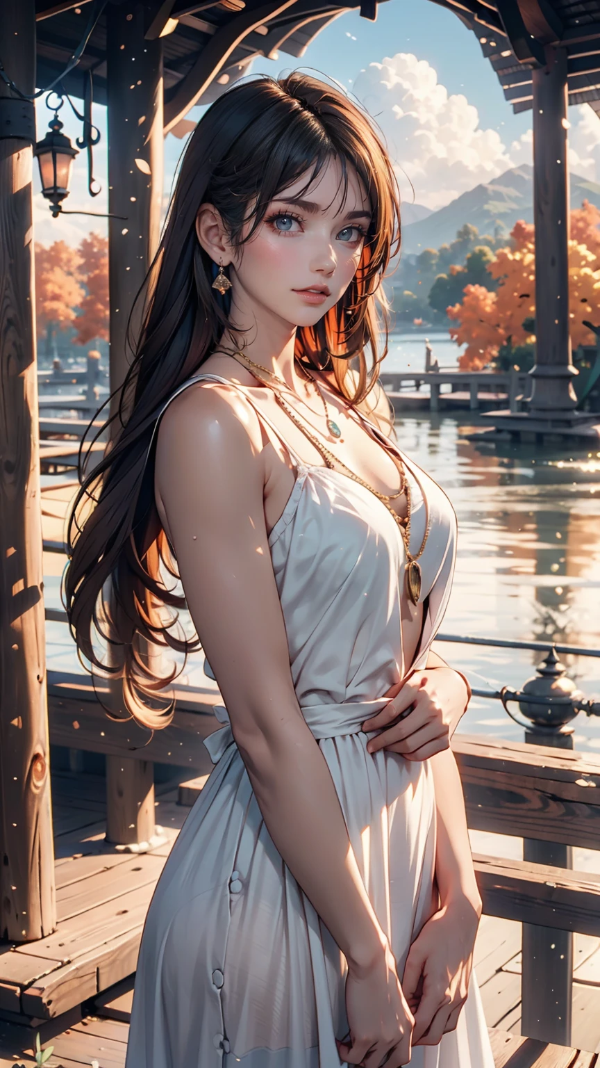 anime characters: brazilian indigenous adult women, beige dress, Bronzed skin, Long hair with bangs, sit by the river, masterpiece, best quality, Delicate skin, delicate eyes, orange eyes,8k, Good shading, beautiful strokes, Detailed background, good anatomy