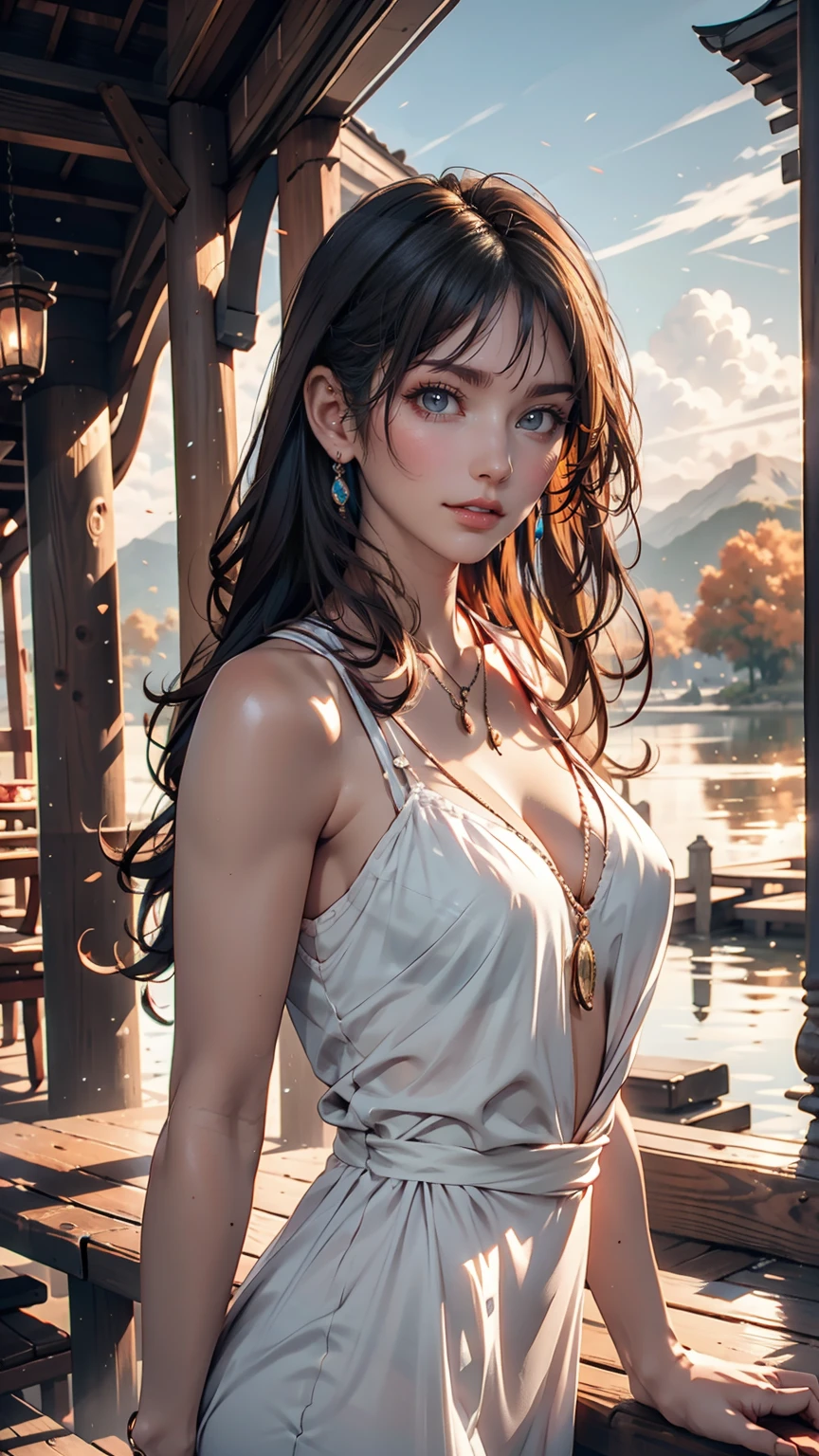 1 girl, Calm expression, Captivating eyes, Straight Long Hair, loose fitting dress, Calm posture, Porcelain-like skin, A faint blush, Crystal Pendant BREAK Golden Hour, (Rim Light):1.2, Warm tones, Solar flare, Soft Shadows, Vibrant colors, Painterly effect, Dream-like atmosphere BREAK Beautiful lake, Distant Mountain々, Willow Tree, Calm water, reflection, Sunlit clouds, Peaceful atmosphere, Beautiful sunset, Super detailed, Official Art, unity 8k wallpaper , Tangled, Mandala