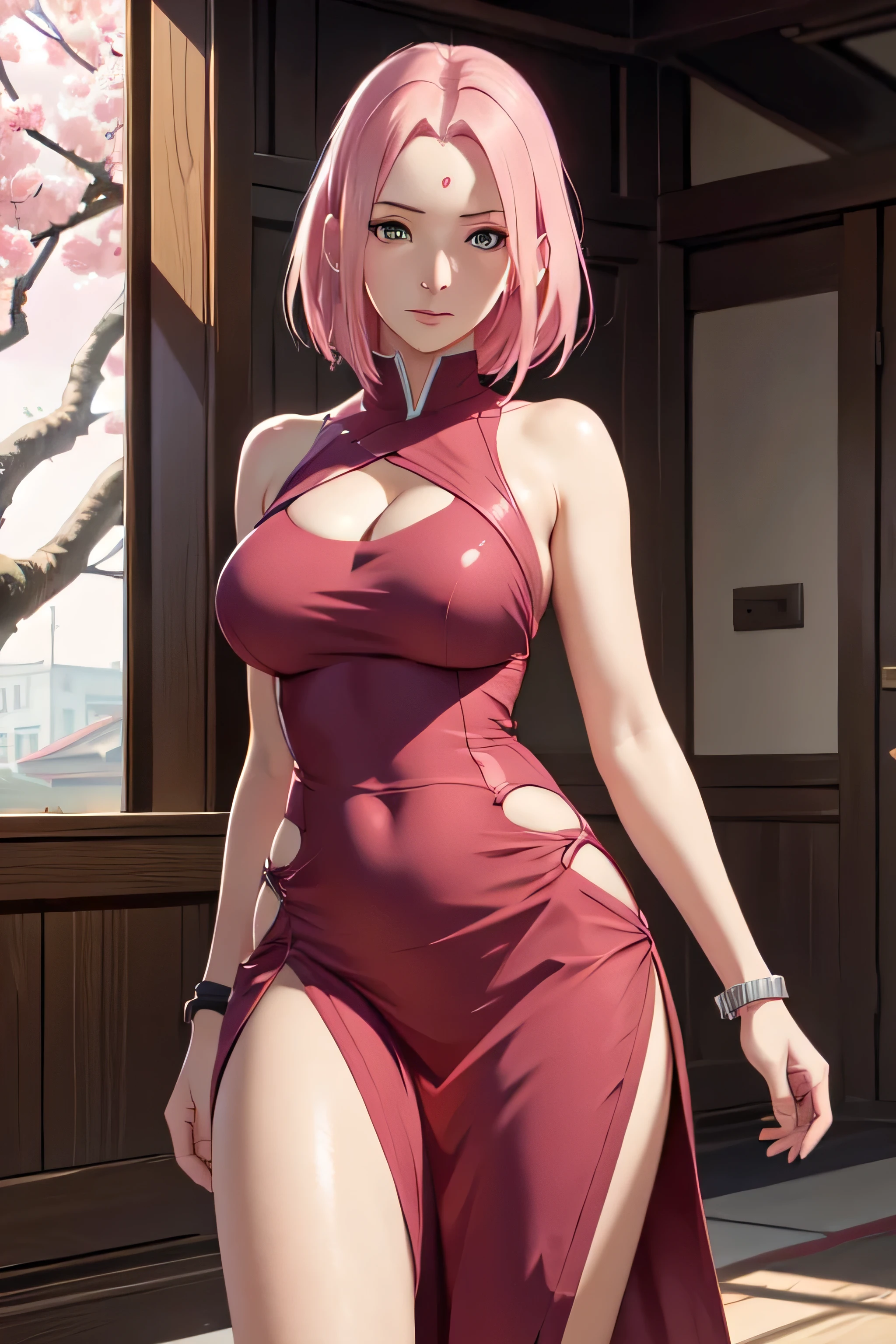 Sakura Haruno, exposed leg dress, mature body, beautiful face, sensual pose, large buttocks, illustration, high-resolution, ultra-detailed, realistic, vibrant colors, soft lighting, cherry blossom theme
