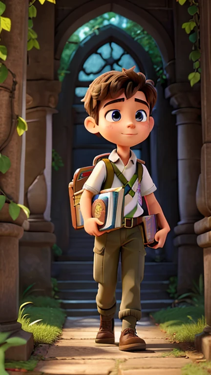 A youthful teen boy fairy with curious eyes, clutching books and wearing a uniform adorned with mystical symbols, walking towards an ancient, ivy-covered building.