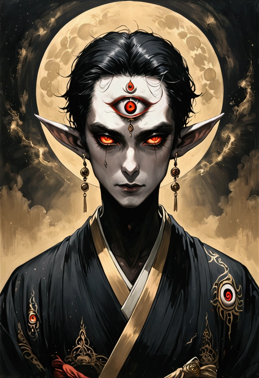 Dark illustration，(((1 Prince，独奏，third eye on the forehead，Dark eyeshadow.Elf ears))),(((Japanese robe kimono：1.6))).whole body，black and gold