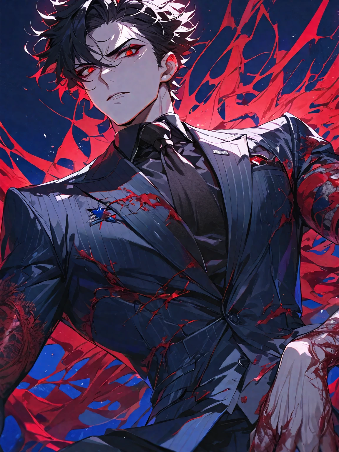 One, beautiful, 1 man, with a sporty body, V-shaped body, elegant black Britannia suit, red veins on the arm, bloody details, model hair, short hair, black hair, blood red eyes, neon eyes, red threads, black light