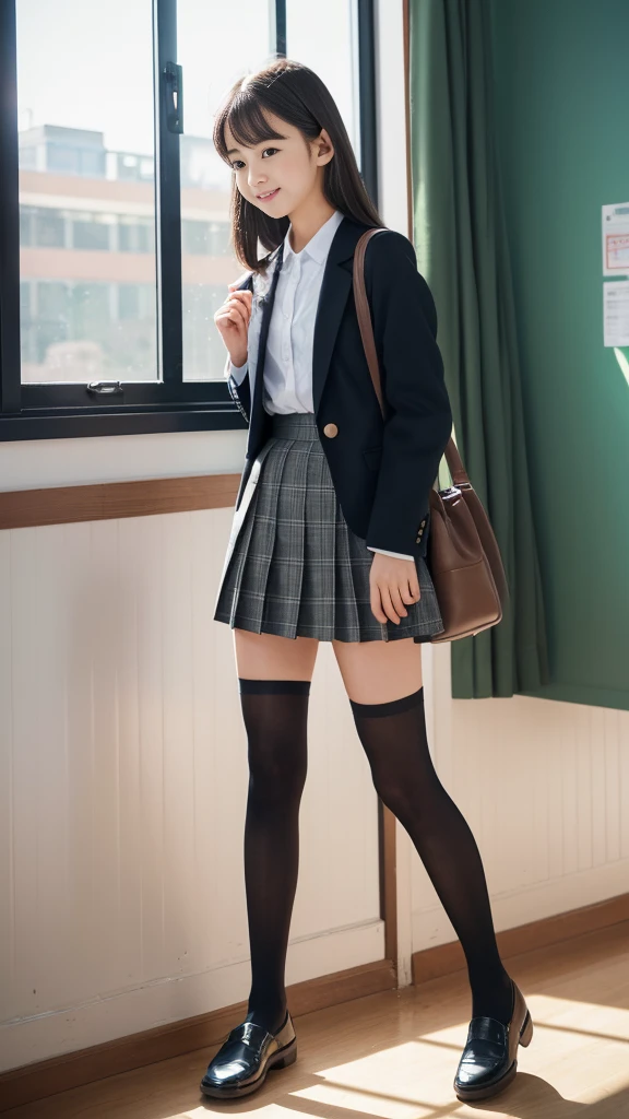 Super fine、8k、muste piece、(RAW photo:1.4)、High resolution、((Composition gradually moving away from the subject))、((Full body photo from face to shoes))、((perfect anatomy:1.2))、Standing sideways、Gaze looking up at the sky、beautiful profile、1 female 14 years old、detailed skin、glowing skin、baby face、double eyelid、long eyelasheoist eyes、small face、smile、open your mouth、Neat and clean hairstyle、school hallway、stare out the window、Put your hands on the window and stretch out.、turn your body toward the window、Natural light comes in from the windows、Dreaminess、realistic school scenery、middle School girls、A blue and gray school bag slung over my shoulder、、slender and delicate body、small breasts、Blazer uniform with green lines、girls 、plaid skirt、healthy、young female teenager、black tights、black tights、detailed black knee high socks、Detailed brown loafers leather shoes、loafers、full body shot、Neat and clean hairstyle、Emphasizes the rather slender leg line