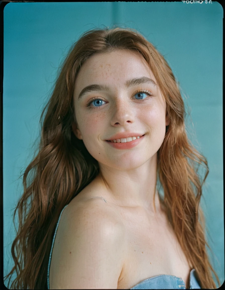 photoshoot, photo studio, RAW photo, editorial photograph, film stock photograph, cinematic, posing, amateur photo, face portrait, analog, raw, f2, 35mm, an (amateur photo), flash photography, taken on an old camera, polaroid, 8k, highly detailed, (high quality, best quality:1.3), Extremely high-resolution, film grain, very long hair, picture of a beautiful young woman, NOT dasha_taran, Nina Fortiner, sfw, ((natural auburn hair)), long (waist-length:1.2) combed auburn hair, ((macro lens)), natural, ((pure blue eyes)), ultradetailed realistic eyes, feminine expressions, photography, dslr, 35mm, Fujifilm Superia Premium 400, Nikon D850 film stock photograph, Kodak Portra 400 f1.6 lens, 8k, UHD, european woman, realistic skin, skin pores, (whole head, do not crop head), whole head is visible, detailed background, midwest facial features, from side, gently smiling, perfect teeth