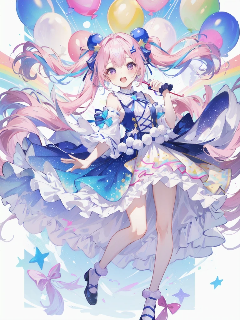 (whole body, legs and shoes visible: 1.2)) Expressive eyes, One girl, Pale skin, Long Hair, Windblown Hair, ((absurdly Long Hair)), Long Side Lock, Princess bangs, Hair bangs, Hair Bun, ((Very long twin tails)), Rainbow Hair, Light pink hair, blush, full face blush, big sparkling Pastel Purple eyes, (Gradient Eye), Laughing with your mouth open, cute pose, ((Holding a balloon : 1.3)) ((cute and pastel fashion)) ((🦄🎠🎈🎉 theme : 1.4)) A loose pastel dress, ((Dreamy multi-colored open dress)), (Floating ribbon), Lavender Frill, Pink frills, (Light blue lace), Removable short sleeves, Fluffy skirt, ((Rainbow and star printed skirt : 1.3)), ta Skirt, Purple ribbon, ((pom pom ribbon hair ornament : 1.4)), Multiple Bows, Striped lace stockings, (heart型のレッグガーター), cute (Pastel Purple) shoes ((Ultra-detailed clothing and fashion)) I'm watching you, Vintage Girl, blush, (Beautiful attention to detail), (Highly detailed CG Unity 8k wallpaper) (Best Shadow), ((Very delicate and beautiful)), (Detailed light), ((Depth of written boundary)) Big Head, Big, bright eyes, Moe, Splash Art, Cinema Lighting, Front view, volumetric lighting maximalist photo illustration k resolution high resolution intricate detailed complex key visuals precise linear ((Dreamy pastel sky background, Surrounded by sunset clouds, shooting star, Castle above the clouds)) ((Ultra-detailed landscapes, Foggy clouds, Hung by balloons, heart : 1.3))