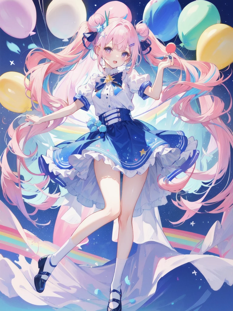 (whole body, legs and shoes visible: 1.2)) Expressive eyes, One girl, Pale skin, Long Hair, Windblown Hair, ((absurdly Long Hair)), Long Side Lock, Princess bangs, Hair bangs, Hair Bun, ((Very long twin tails)), Rainbow Hair, Light pink hair, blush, full face blush, big sparkling Pastel Purple eyes, (Gradient Eye), Laughing with your mouth open, cute pose, ((Holding a balloon : 1.3)) ((cute and pastel fashion)) ((🦄🎠🎈🎉 theme : 1.4)) A loose pastel dress, ((Dreamy multi-colored open dress)), (Floating ribbon), Lavender Frill, Pink frills, (Light blue lace), Removable short sleeves, Fluffy skirt, ((Rainbow and star printed skirt : 1.3)), ta Skirt, Purple ribbon, ((pom pom ribbon hair ornament : 1.4)), Multiple Bows, Striped lace stockings, (heart型のレッグガーター), cute (Pastel Purple) shoes ((Ultra-detailed clothing and fashion)) I'm watching you, Vintage Girl, blush, (Beautiful attention to detail), (Highly detailed CG Unity 8k wallpaper) (Best Shadow), ((Very delicate and beautiful)), (Detailed light), ((Depth of written boundary)) Big Head, Big, bright eyes, Moe, Splash Art, Cinema Lighting, Front view, volumetric lighting maximalist photo illustration k resolution high resolution intricate detailed complex key visuals precise linear ((Dreamy pastel sky background, Surrounded by sunset clouds, shooting star, Castle above the clouds)) ((Ultra-detailed landscapes, Foggy clouds, Hung by balloons, heart : 1.3))