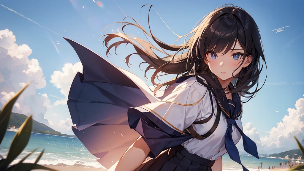 a girl in a navy sailor uniform skirt blowing in the wind, beach, summer sky, daytime, lower body, back view, intricate details, beautiful detailed eyes, beautiful detailed lips, extremely detailed face and hair, longeyelashes, detailed clothing folds and textures, sun rays, warm lighting, vibrant colors, golden hour, photorealistic, 8k, hyperdetailed, masterpiece, cinematic